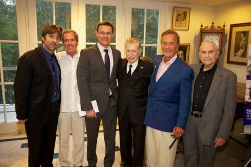 Our executive producer, Mark Lansky, flanked by Mike Flint and Consul General David Siegel, with Pat Boone who's flanked by our pilot heroes Giddy and Mitchell